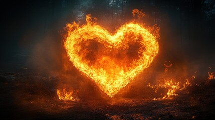 Poster - Heart shaped fire burning brightly in the center of a lush green forest valentine day