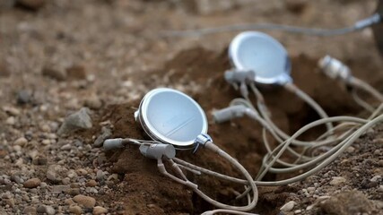 Poster - Specialized geological sensors deeply embedded in ground collecting comprehensive data for precise ground stability analysis and monitoring during critical construction project development