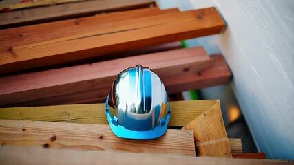 Poster - Construction safety concept featuring a chrome blue hard hat placed on a stack of lumber at a construction site, emphasizing workplace safety and protection