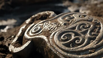 Fototapete - Wet, muddy ground revealing intricately designed metal artifact, partially uncovered, swirling patterns suggesting deep cultural heritage and hidden historical significance