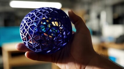Aufkleber - Product designer holding freshly 3d printed blue plastic spherical object with intricate geometric pattern, standing inside professional workshop environment