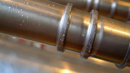 Aufkleber - Water droplets condense and adhere to the surface of meticulously joined metal pipes, showcasing precision in construction and potential vulnerability to moisture