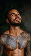 © Just1 - Elegant and sympathetic tattoo model with an excited face, maybe an opened mouth like wow.