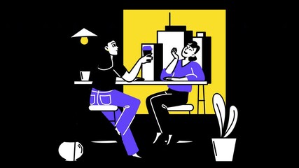 Poster - Two women of diverse ethnic backgrounds enjoy a conversation in a modern café setting with stylized graphics.