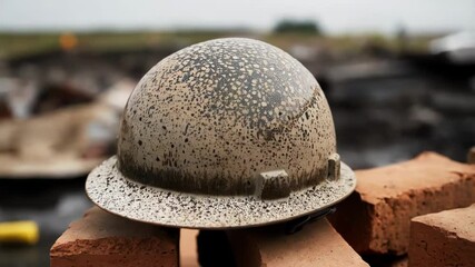 Aufkleber - Weathered construction helmet resting on brick stack, revealing aftermath of intense labor, mud splattered surface highlighting demanding work environment at building site