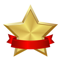 Wall Mural - realistic gold star with red satin silk ribbon. element, icon with metallic effect for award, medal,