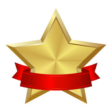 Realistic gold star with red satin silk ribbon. Element, icon with metallic effect for award, medal, rating designation, status on transparent background. Isolated vector illustration EPS10