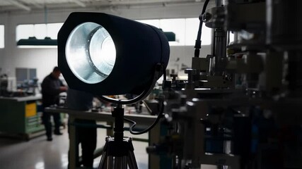 Fototapete - Powerful adjustable floodlight, mounted on a tripod, illuminates complex machinery in a factory, creating a dramatic spotlight on industrial innovation and precision engineering