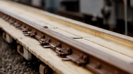 Poster - Rusty metal rail tracks are firmly attached to light brown wooden sleepers by an intricate fastening system, suggesting ongoing construction or maintenance