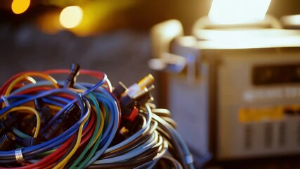 Poster - Multiple colorful lighting cables and connectors are bundled together next to a generator, creating a vibrant and organized setup for a construction site or event