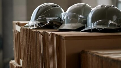 Poster - Construction safety equipment, including helmets and protective glasses, lies on a stack of cardboard boxes, emphasizing workplace safety and preparedness