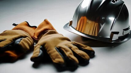 Poster - Work gloves resting near hard hat on pristine white surface, highlighting essential personal protective equipment for industrial safety and professional workplace preparedness