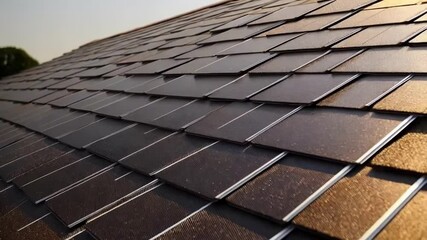 Aufkleber - Sunlight reflects off newly installed solar shingles, showcasing a blend of traditional aesthetics with modern renewable energy technology on a sloped residential roof