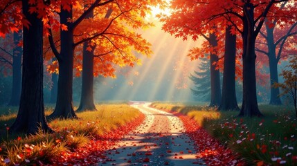 Poster - Autumnal Path Sunbeams Illuminate a Scenic Road Through a Canopy of Vibrant Red Leaves