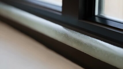 Poster - Condensation droplets accumulating on the warm edge spacer bar of a triple pane window, highlighting its thermal performance and potential issues with moisture
