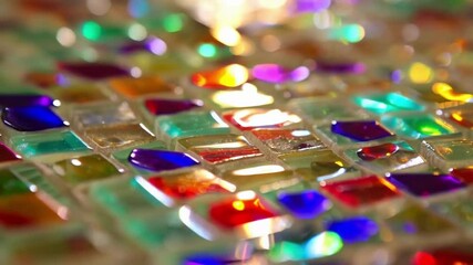 Poster - Light reflecting on colorful recycled glass tiles creates a mesmerizing play of vibrant hues and sparkling reflections, adding an artistic touch to any space