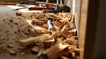 Poster - Bright sunlight casting soft shadows over scattered wood shavings, tools, and construction debris near wooden door frame during detailed renovation process