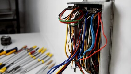 Aufkleber - Colorful electrical wires protrude from a junction box mounted on a white wall, with electrician tools arranged neatly in the background on a workbench