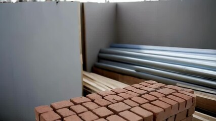 Aufkleber - Construction site featuring neatly stacked red bricks, camera zooming in to highlight building materials and ongoing project development with precise architectural details