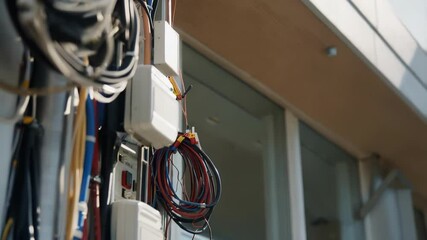 Poster - Electrical infrastructure, featuring an electrical panel with various cables and wires, is attached to the exterior of a modern building, suggesting ongoing construction or maintenance