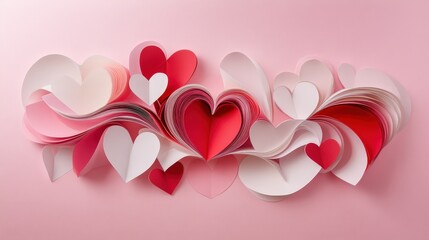 Poster - elegant composition of heart-shaped paper in hues of pink, red, and white on a pale pink background, capturing the spirit of Valentins Day love