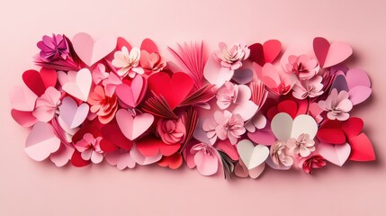 Poster - elegant composition of heart-shaped paper in hues of pink, red, and white on a pale pink background, capturing the spirit of Valentins Day love