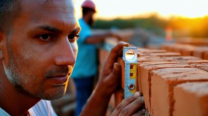 Aufkleber - Focused construction worker meticulously checks the level of a newly built brick wall, ensuring precision and stability in the structure as the sun sets in the background