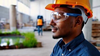 Poster - Construction worker taking a break with eyes closed, wearing a hard hat and safety goggles, in a blurred industrial environment with another worker visible in the background