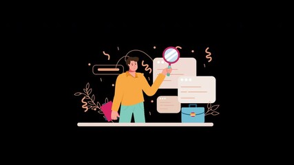 Poster - A person of unspecified ethnicity holding a magnifying glass with a colorful background and abstract elements.