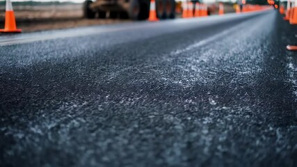 Poster - Freshly laid black asphalt road surface displaying smooth layers with bright orange traffic cones marking active construction zone and ongoing infrastructure development