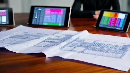 Poster - Professional architects analyzing blueprint, collaborating on design project using digital tablets in modern office workspace, discussing architectural details and development strategy