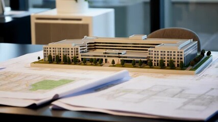 Aufkleber - Architectural model of modern health facility resting on table with blueprints, revealing detailed planning and precise design concept for medical structure