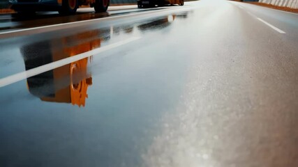 Poster - Smooth, wet asphalt reflects a road roller and other construction vehicles working on a newly paved highway, showcasing the quality and completion of the roadwork