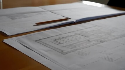 Poster - Architectural blueprints depicting a kitchen layout and pencils lie on a wooden table, suggesting ongoing construction or renovation project