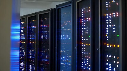 Fototapete - Blinking led lights reflecting on glass door, revealing industrial server room infrastructure during active construction phase, highlighting technological advancement and digital connectivity