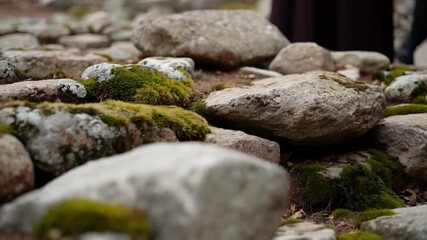 Poster - Medium closeup of a stone foundation laid with precision, featuring various sizes of rocks interspersed with patches of moss and lichen, creating a textured and natural appearance