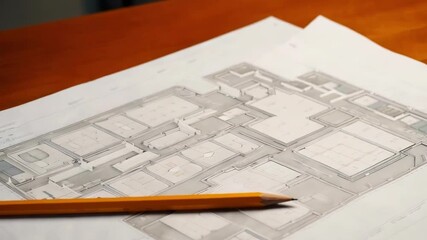 Poster - Architectural blueprint resting on weathered wooden table, professional pencil positioning highlighting precise construction design details and layout measurements
