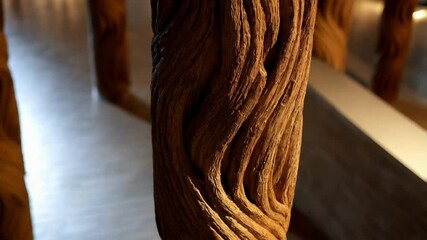 Poster - Architectural column displaying bark like textures transforming wood grain pattern into contemporary structural design with organic architectural aesthetic