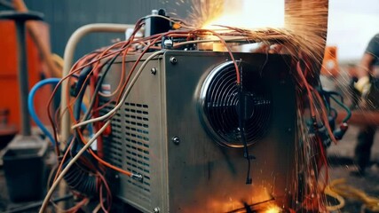 Poster - Portable generator producing electrical power at construction site, generating sparks from overloaded wires while creating dangerous workplace electrical hazard for workers