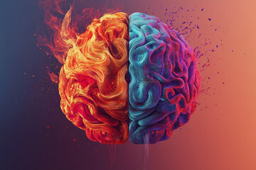 Poster - Vibrant abstract brain in red and blue, artistic and surreal depiction