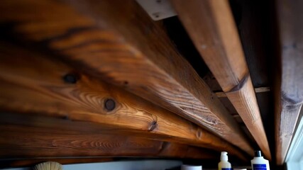 Aufkleber - Warm light illuminates wooden ceiling beams, showcasing a unique grain pattern and highlighting the craftsmanship in construction or renovation
