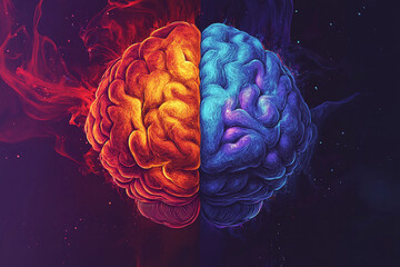 Poster - Abstract glowing brain in red and blue with a dark background