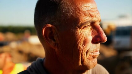 Aufkleber - Close up profile of a mature construction worker with weathered skin, standing on a job site and looking towards the horizon, bathed in the golden light of either sunrise or sunset