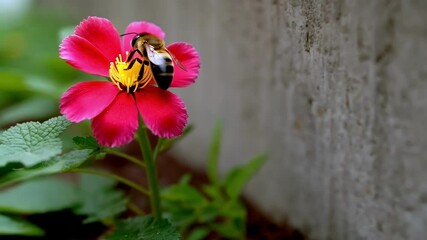 Aufkleber - Close up of a bumblebee diligently collecting pollen from a vibrant pink flower, adding a touch of life and color to a small garden nestled against a concrete wall