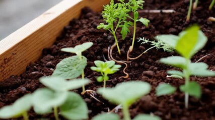 Poster - Rich dark soil nurturing vibrant herb seedlings inside wooden planter, earthworm meandering across fertile ground, representing organic growth and gardening ecosystem
