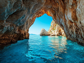 Poster - Stunning sea cave view with turquoise water and rocky cliffs in sunlight