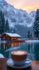 Wall Mural - Delicious cappuccino in a coffeshop terrece overlooking acozy wooden cabin next to lake at dusk, with snow-covered mountains in the background.