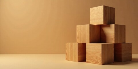 Poster - Stylish Wooden Cubes Arranged in a Pyramid Shape Against a Neutral Background