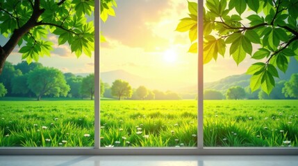 Aufkleber - Serene Sunrise Meadow View Through Modern Window Frame