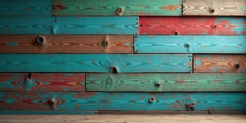Poster - Rustic Weathered Wooden Wall Paneling with Varied Paint Colors and Wood Grain Textures
